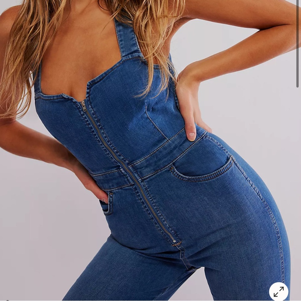Free People CRVY Jump Suit, Square neck, zip-front and kick-flare raw hem.